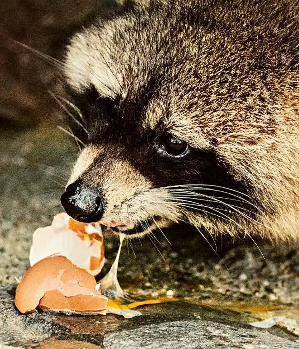 a  raccoon eating chicken eggs