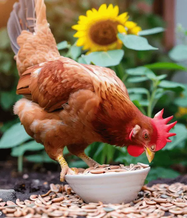 A chicken pecking on sunflower seeds
