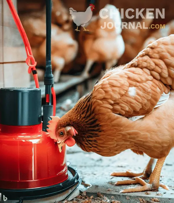 a chicken drinking water from a electric waterer