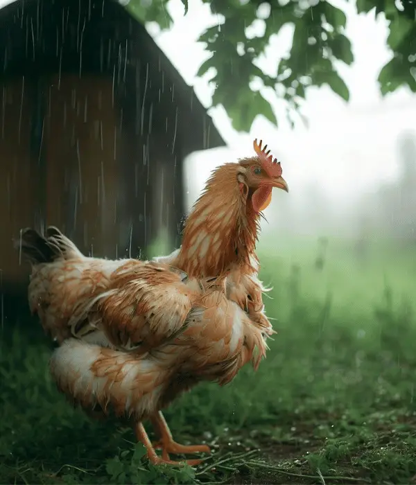 a chicken statnding below a tree shade in rain