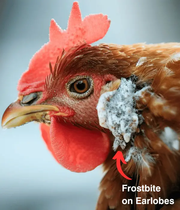 Frostbite on chicken's earlobe