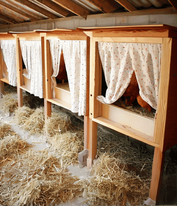 Chicken nesting boxes inside a backyard coop
