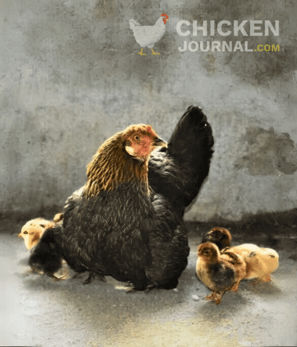 Broody hen keeping newly hatched chicks warm