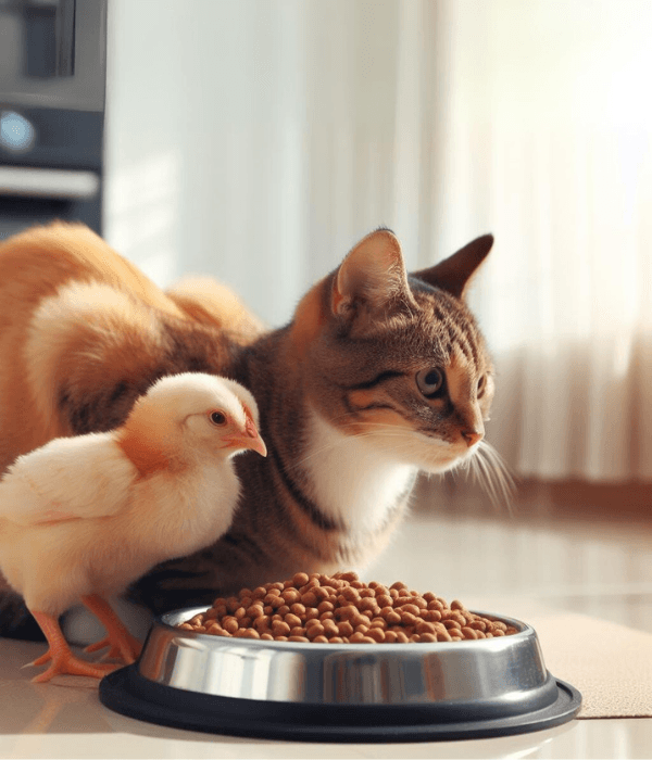 Cat and chicken eating near the same bowl