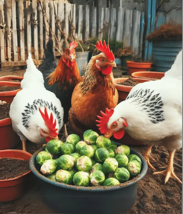 a group of chickens in backyard eating pecking brussels sprouts