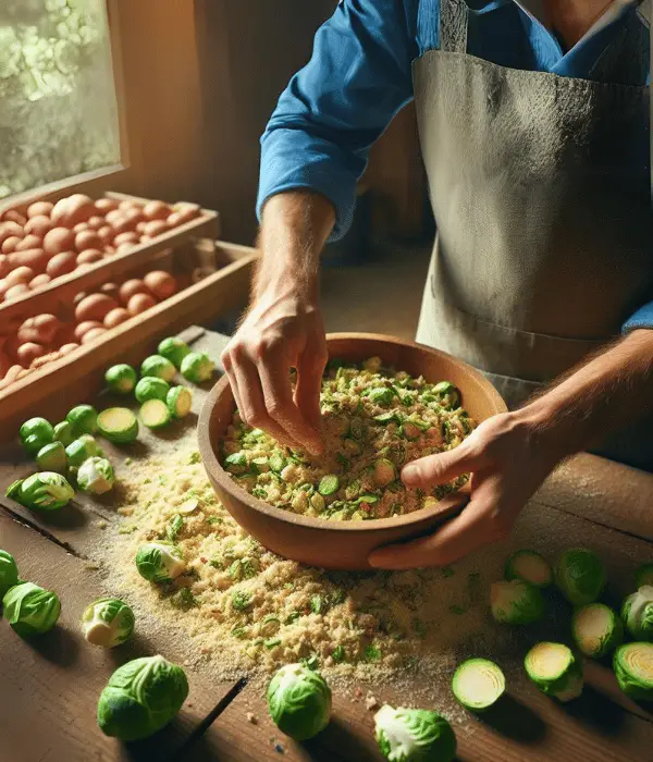 a person mixing brussels sprouts with chicken feed