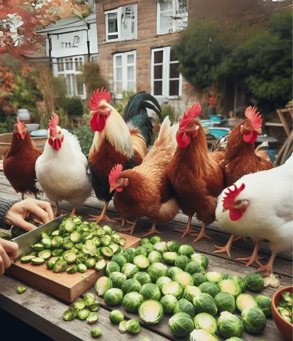 chicken flock ready to eat chopped brussels sprouts in backyard