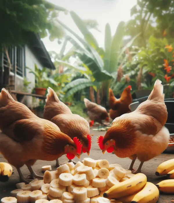 Can Chicken Eat Bananas? , chickens eating banana slices in backyard
