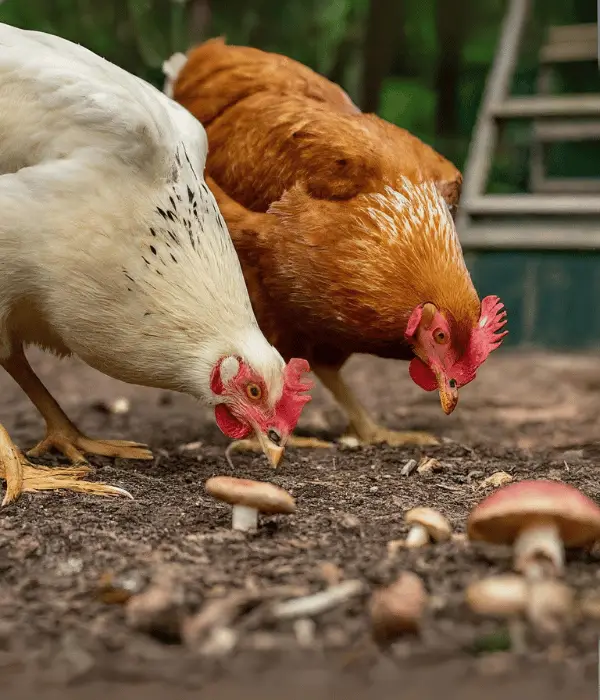two chickens foraging near wild musroom , Can Chickens Eat Mushrooms