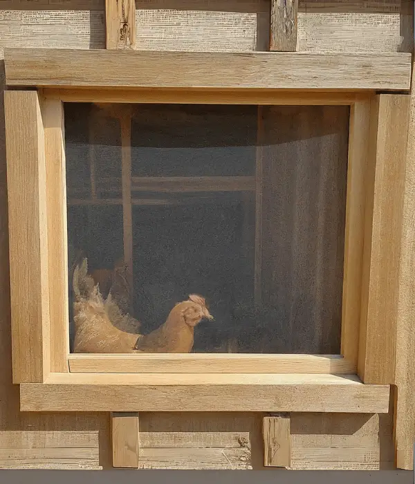 A chicken coop window with fly screen to avoid flies inside 