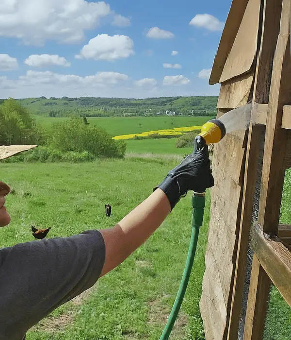 Cleaning a coop out side to get rid of flies