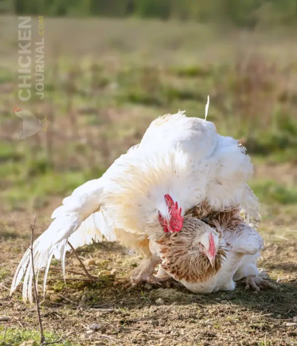 a white rooster mating with a hen 