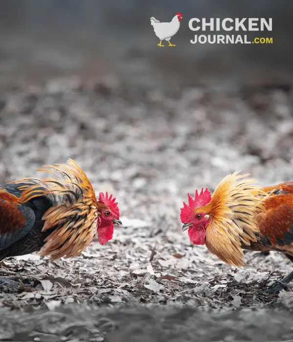 two roosters ready to fight in backyard