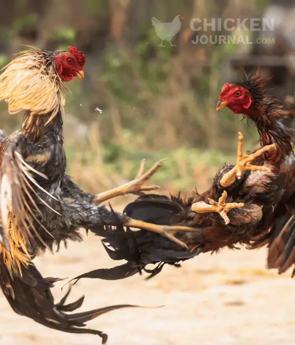 two roosters fighting using spur attack