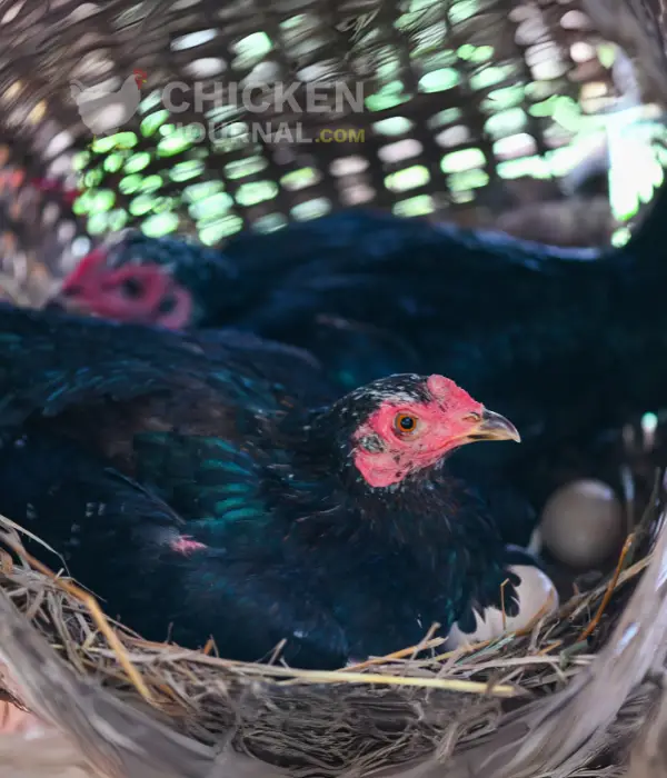 two black broody hens sitting on her egg