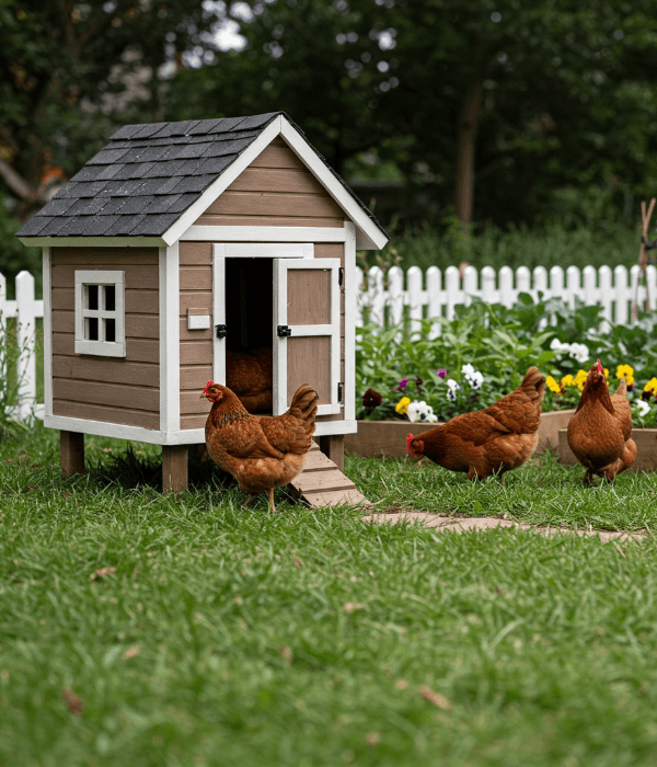 Backyard chickens beside a secure coop