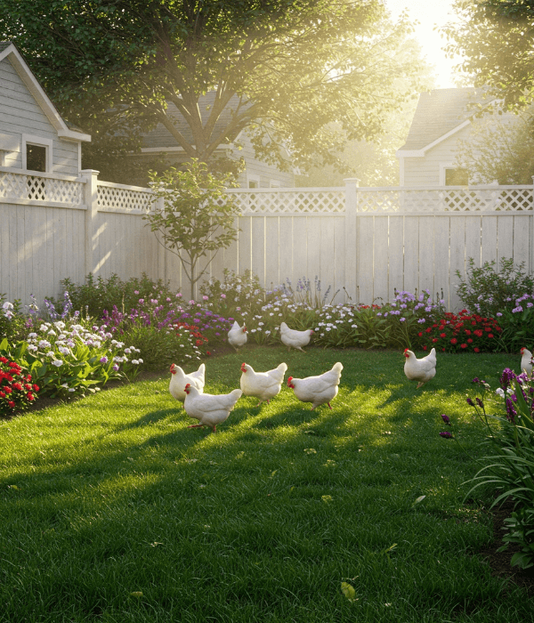 Backyard chickens in a residential yard where HOA or neighborhood rules may apply