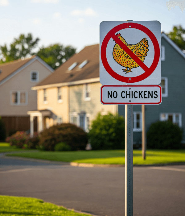Sign representing local restrictions on backyard chickens
