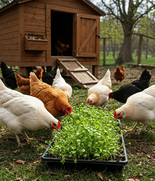 chickens eating sprouted fooder in backyard