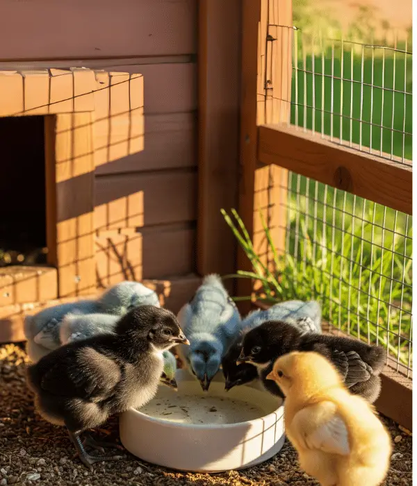 few baby chicks drinking water from a poultry drinker
