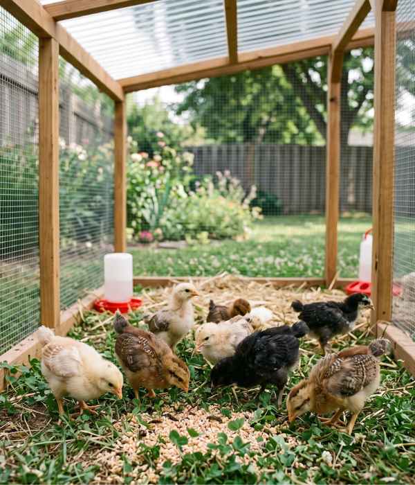 Young chicks foraging safely inside a covered outdoor chicken run