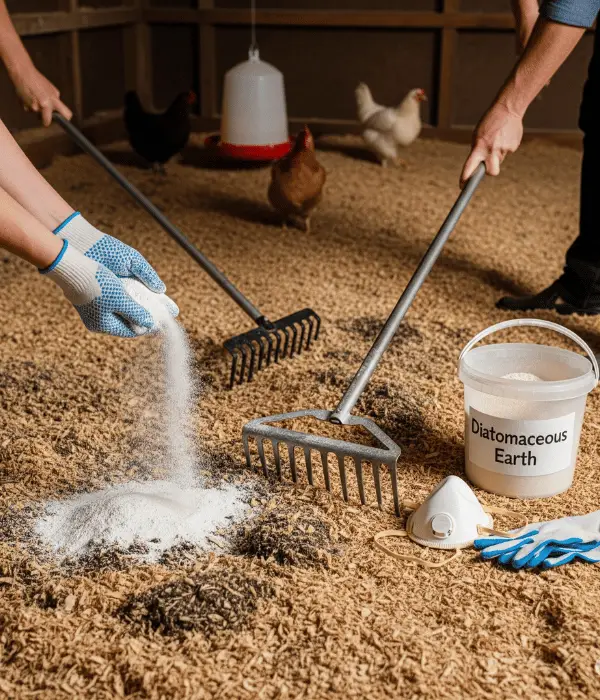 a person spreading DE powder in litter bedding