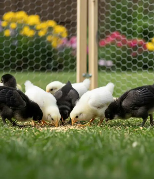baby chicks foraging outdoor safely fencing