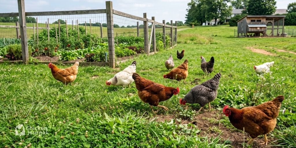 Free-range chickens in a backyard