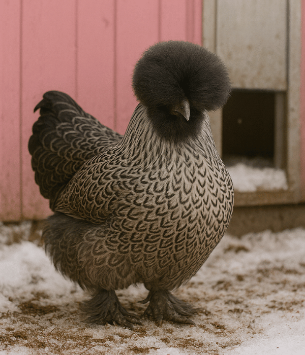A statin silkie chicken standing on snow outside chicken coop