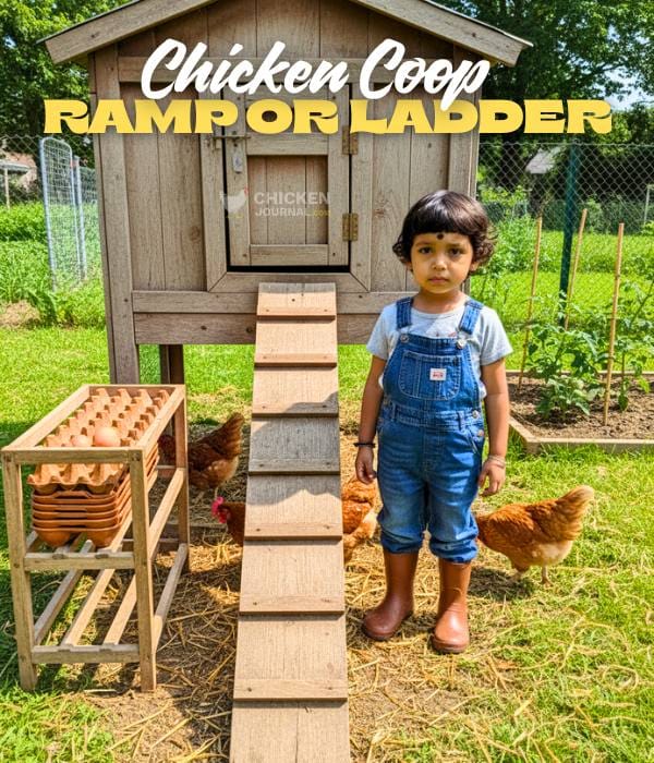 Chicken Coop Ramps Or Ladders: Best Guide To Understand 3 A girl kid standing in front of a chicken coop ramp or ladder