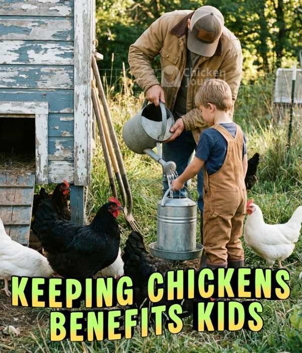 Child helping with supervised backyard chicken care