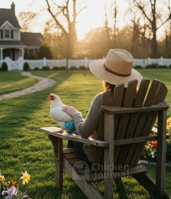 Backyard chicken keeper holding a hen