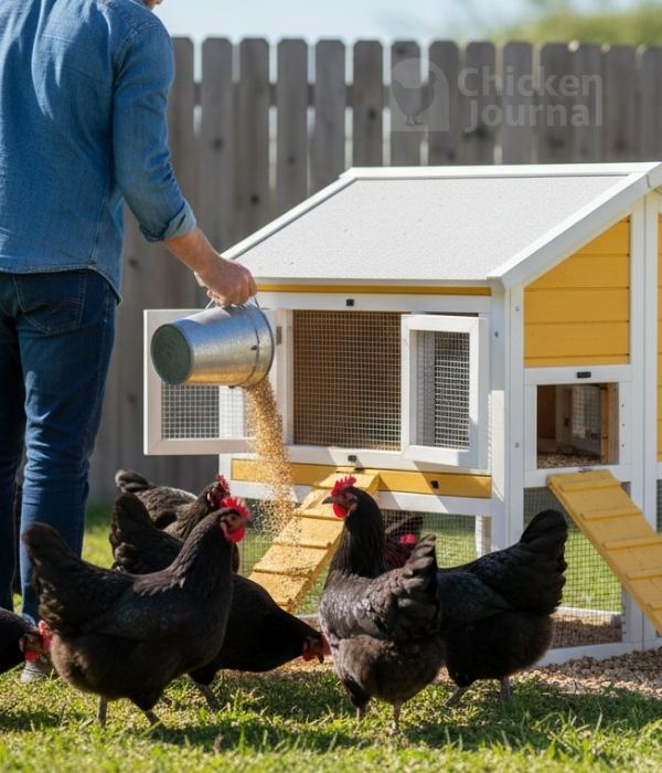 Chicken keeper feeding a larger flock