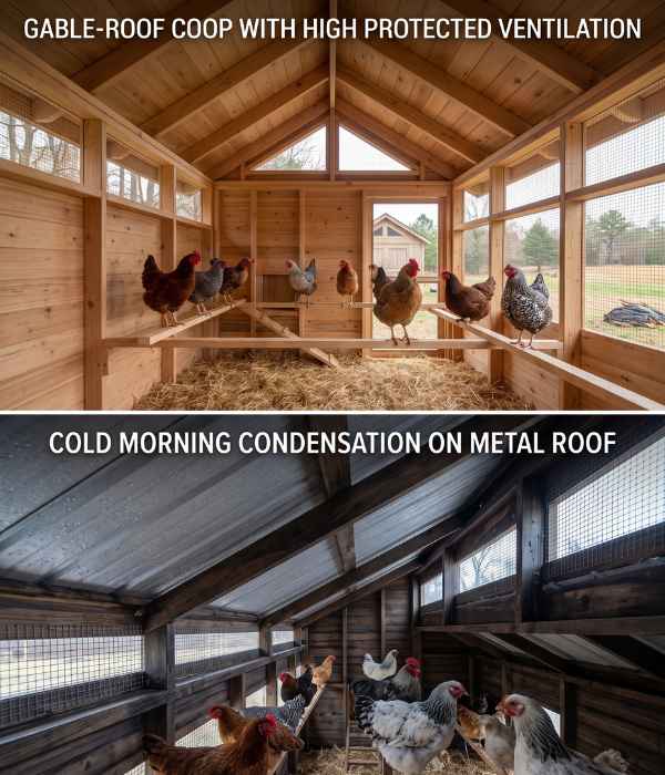 Chicken Coop Roof Types: Best Designs &Amp; Roofing Materials 17 gable-roof chicken coop with high ventilation vs chicken coop underside of a metal roof