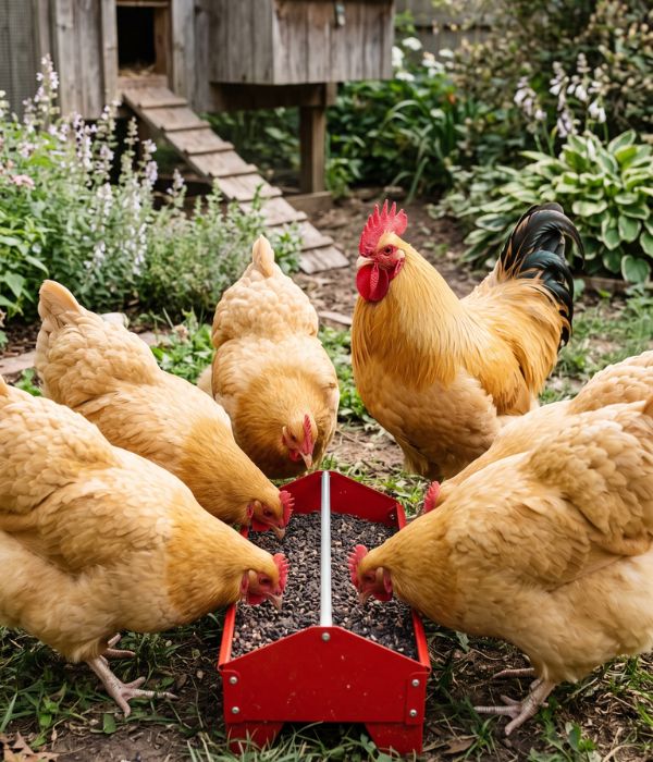 Buff Orpington chickens eating buckwheat seed