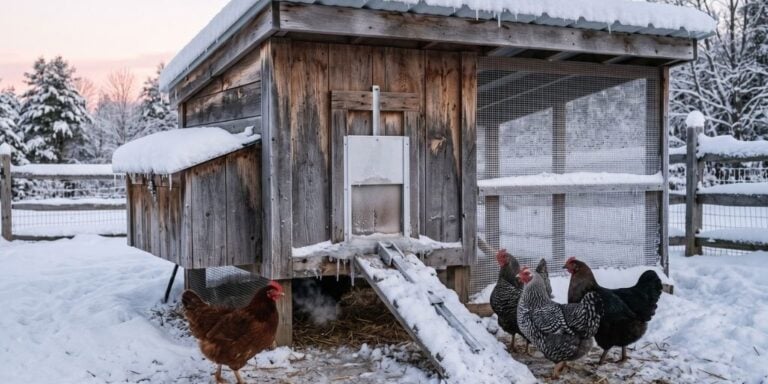 Automatic chicken coop door frozen shut during a snowy winter morning