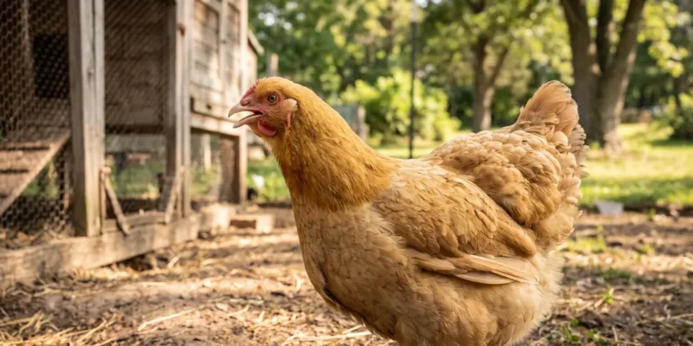 Buff Orpington hen with open beak standing by a backyard chicken coop